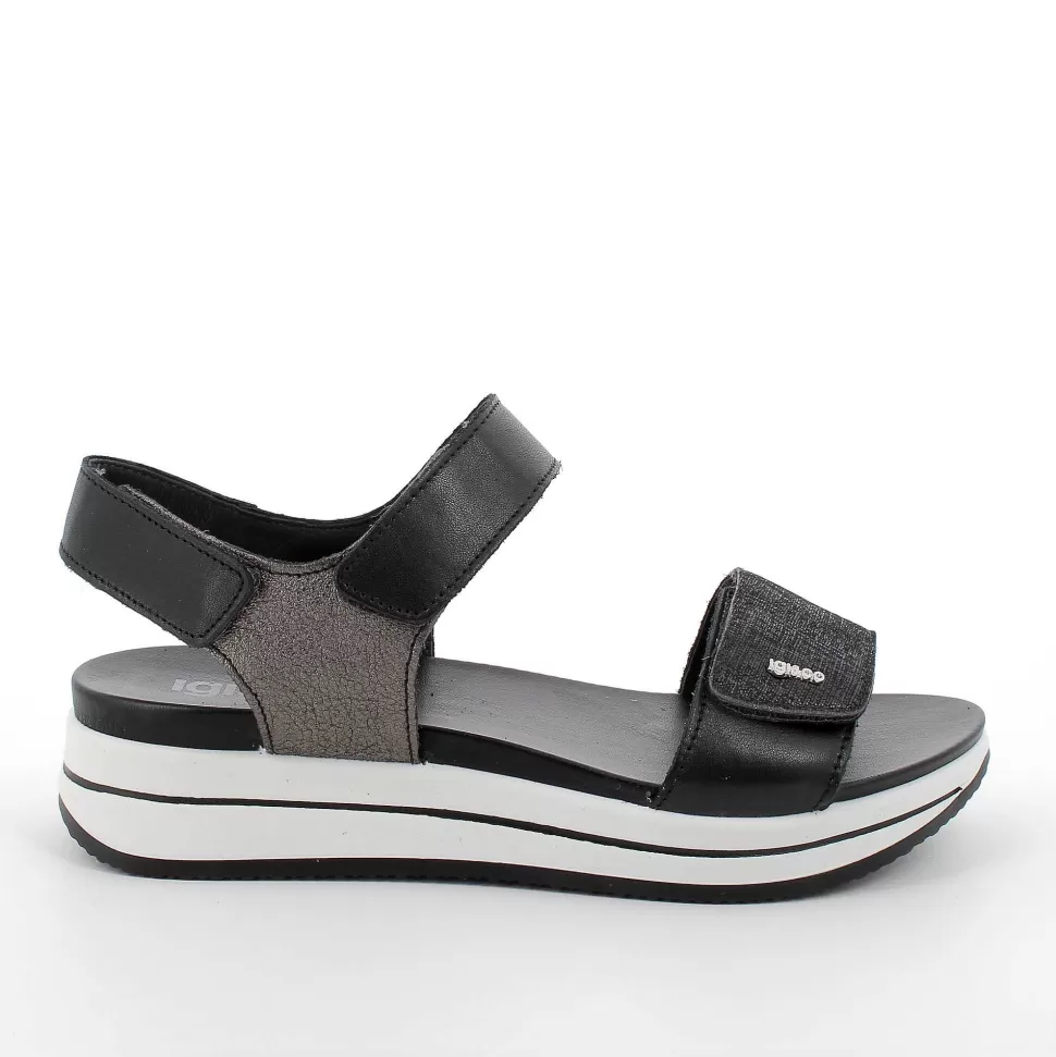 Black Women'S Leather Wedge Sandals-Igi&Co Best