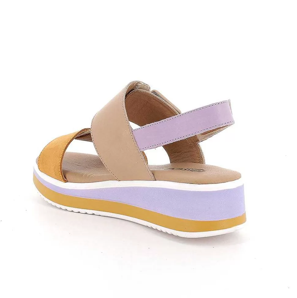 Mustard-Beige Women'S Leather Wedge Sandals-Igi&Co Fashion