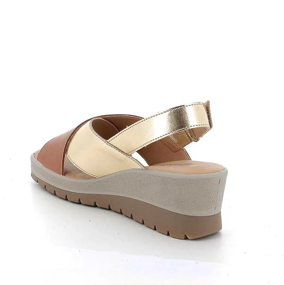 Women'S Leather Wedge Sandals Tan-Gold-Igi&Co Cheap